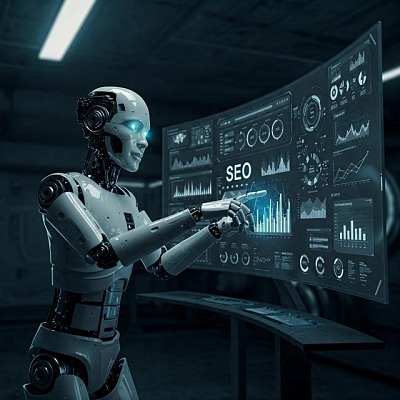 A futuristic robot with a metallic body is shown analyzing SEO data on a large screen, representing the use of AI in search engine optimization.
