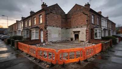 A cleared gap where a house used to stand, orange barrier across the opening — Net Shaker / Backups